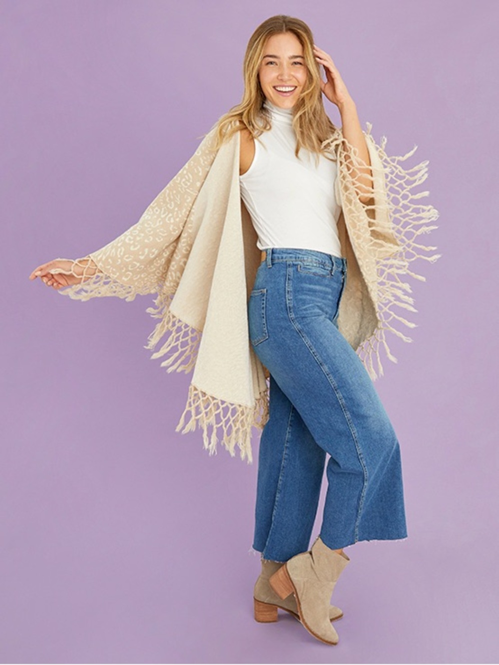 lèRumi Cream & White Animal Print Fringe Cardigan Ruana Poncho Wrap, One Size - Picture 14 of 14
